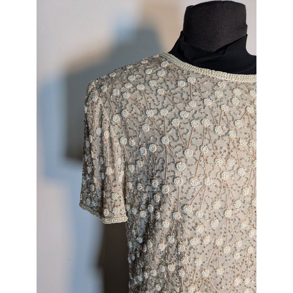 Vintage Beaded Short Sleeve Blouse Cream Floral, Size M - Picture 3 of 11
